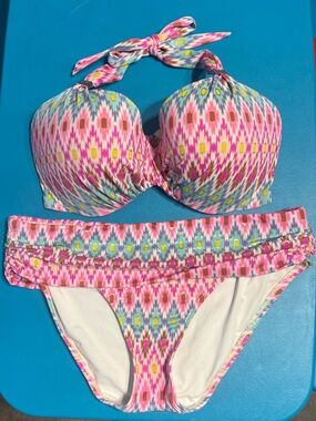 Victoria's Secret Bikini Set Push-Up Halter Top & Large Mid-Rise Bottom Ikat